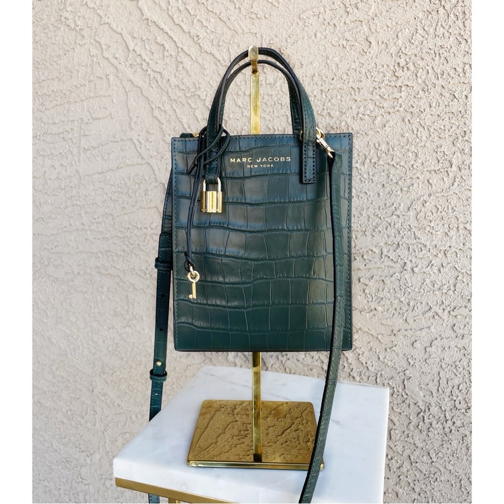 MARC JACOBS Dark Green Croc Embossed Leather Mini Crossbody Micro Tote Bag